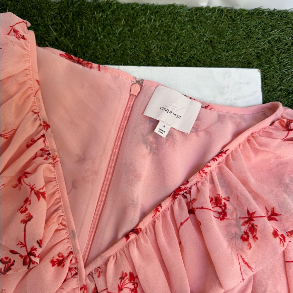 Cinq a Sept Fleur Sheila Faux Wrap dress. pale roseFloral Pink Ruffle Wrap Dress - Picture 9 of 15